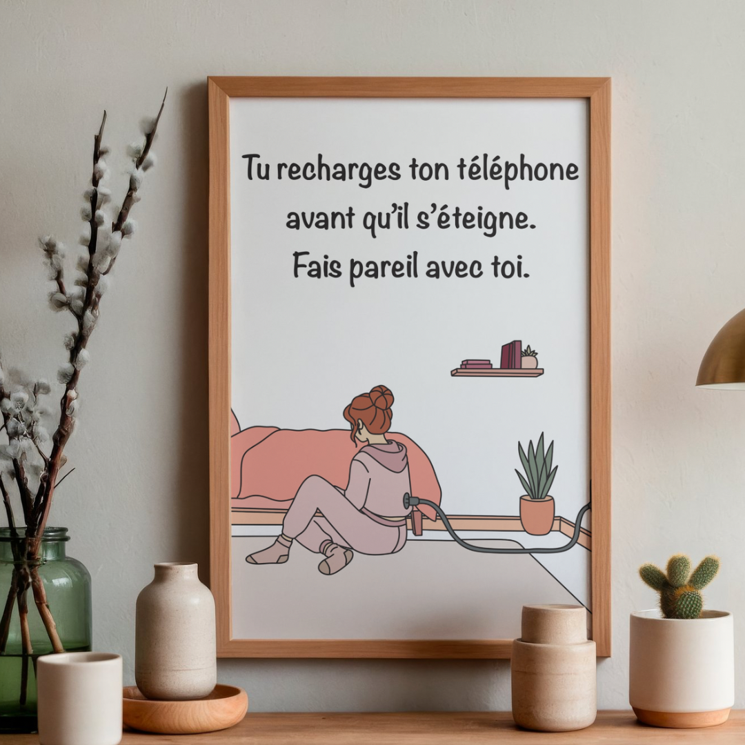 Illustration originale représentant une personne qui se recharge contre un mur avec le message « Tu recharges ton téléphone avant qu'il s'éteigne, fais pareil avec toi ».