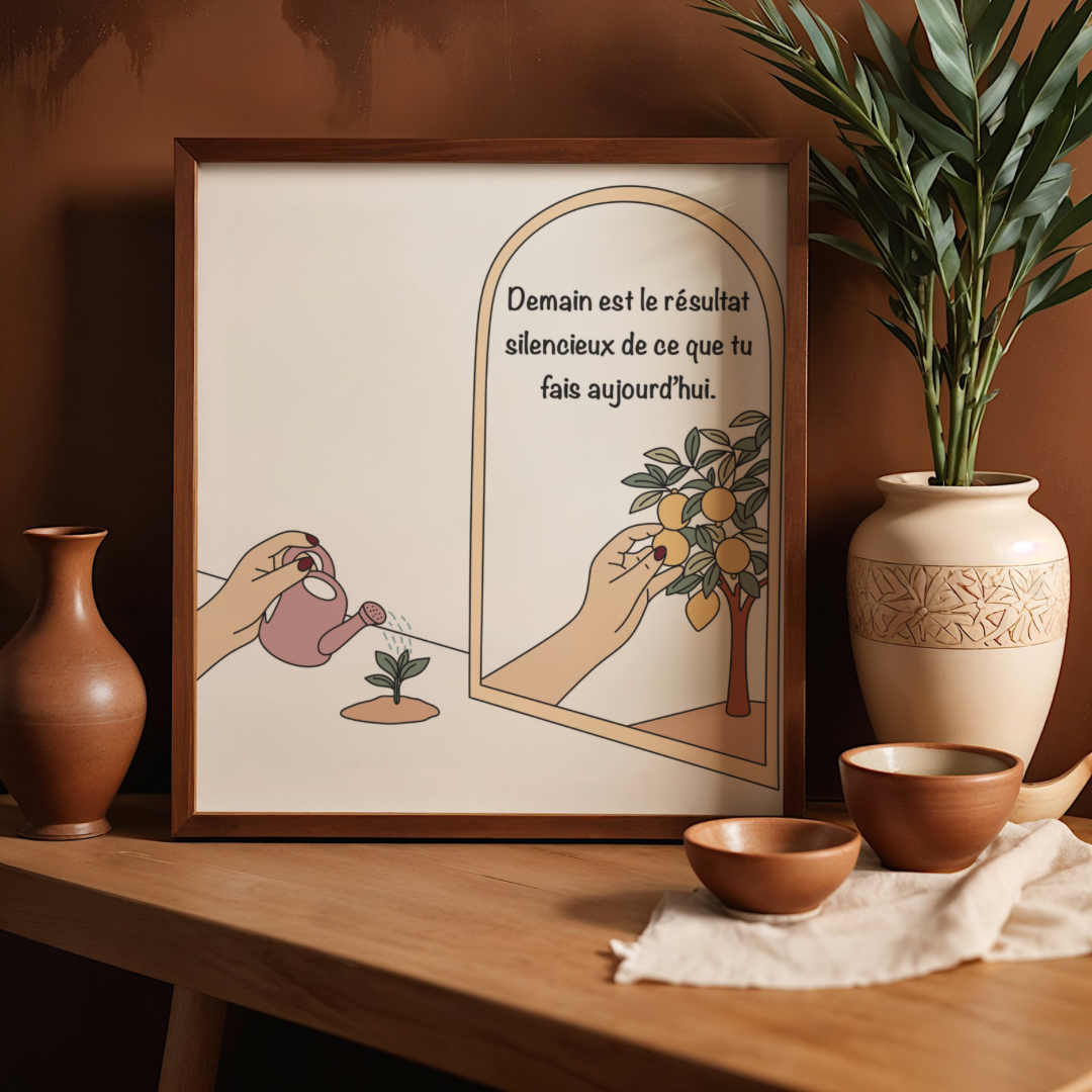 Illustration originale représentant une main qui arrose un arbuste dont les efforts portent leurs fruits, accompagnée du message « Demain est le résultat silencieux de ce que tu fais aujourd'hui ».