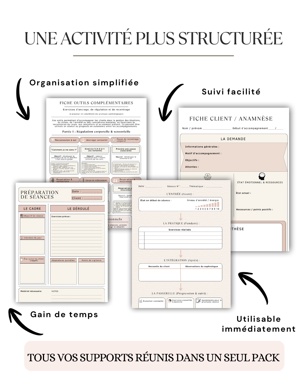 Vue détaillée de l'ensemble des fiches professionnelles incluses dans le pack numérique destiné aux sophrologues.