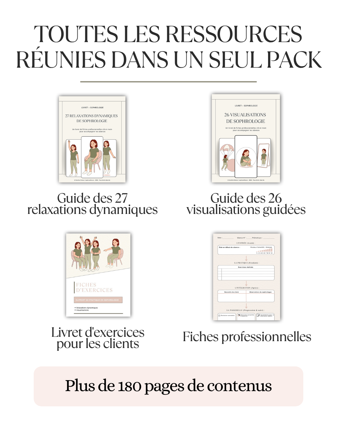 Aperçu de l'ensemble des ressources incluses dans le pack sophrologue : guides, livret d'exercices, fiches professionnelles et outils complémentaires.