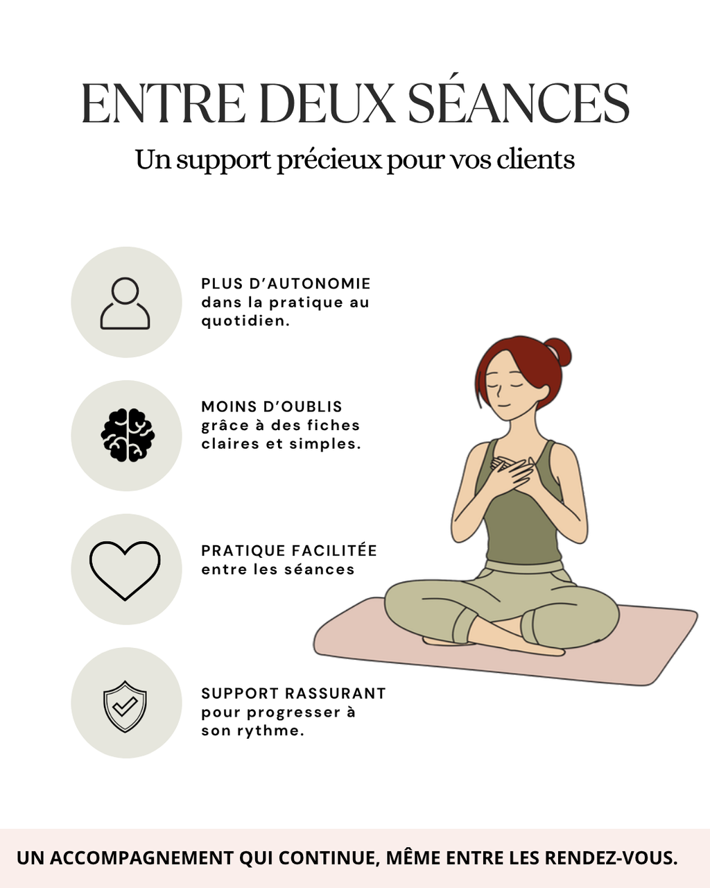 Support d'exercices de sophrologie conçu pour encourager l'autonomie des clients et faciliter une pratique régulière entre les séances.