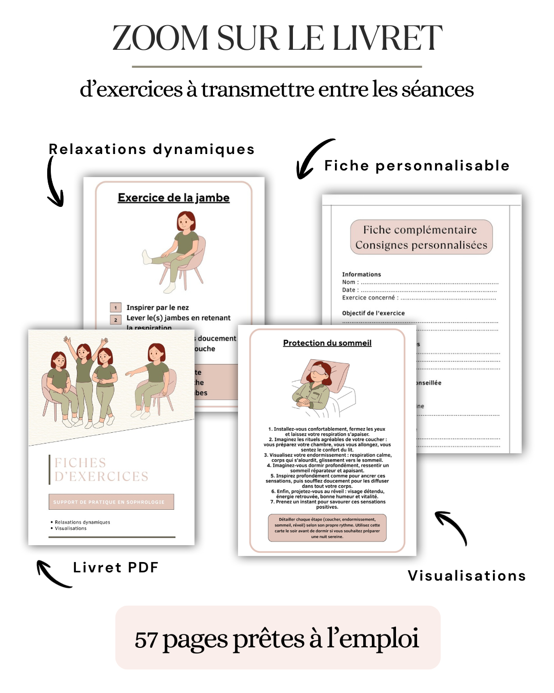 Aperçu des exercices illustrés, des relaxations dynamiques, des visualisations et des fiches personnalisables du livret client.