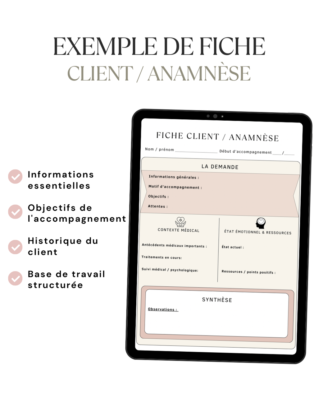 Exemple de fiche d'anamnèse permettant aux sophrologues de recueillir les informations essentielles lors du premier rendez-vous.