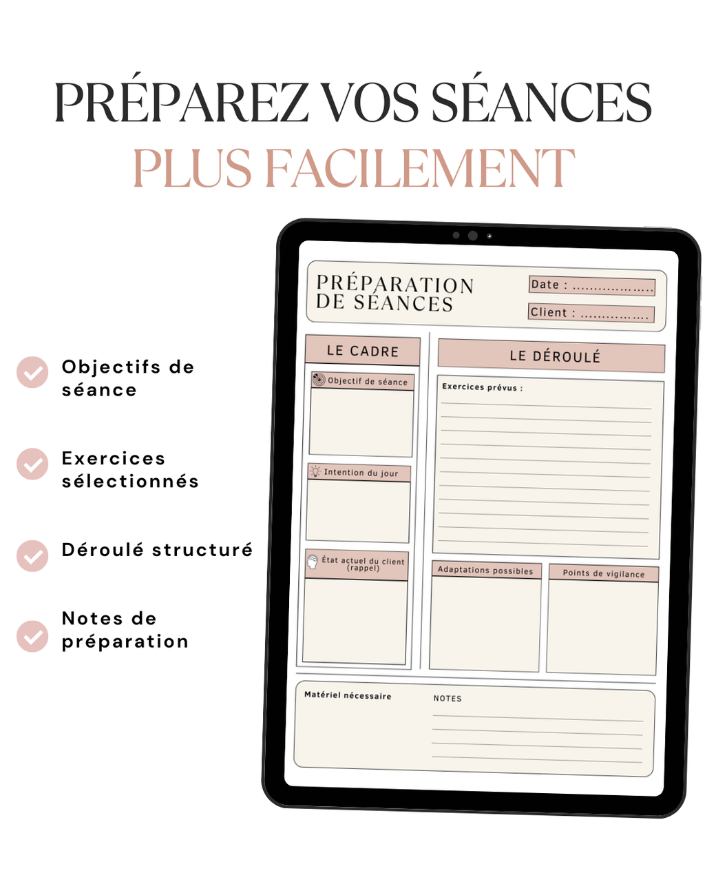 Fiche de préparation de séance permettant d'organiser les objectifs, les exercices et le déroulement des accompagnements en sophrologie.