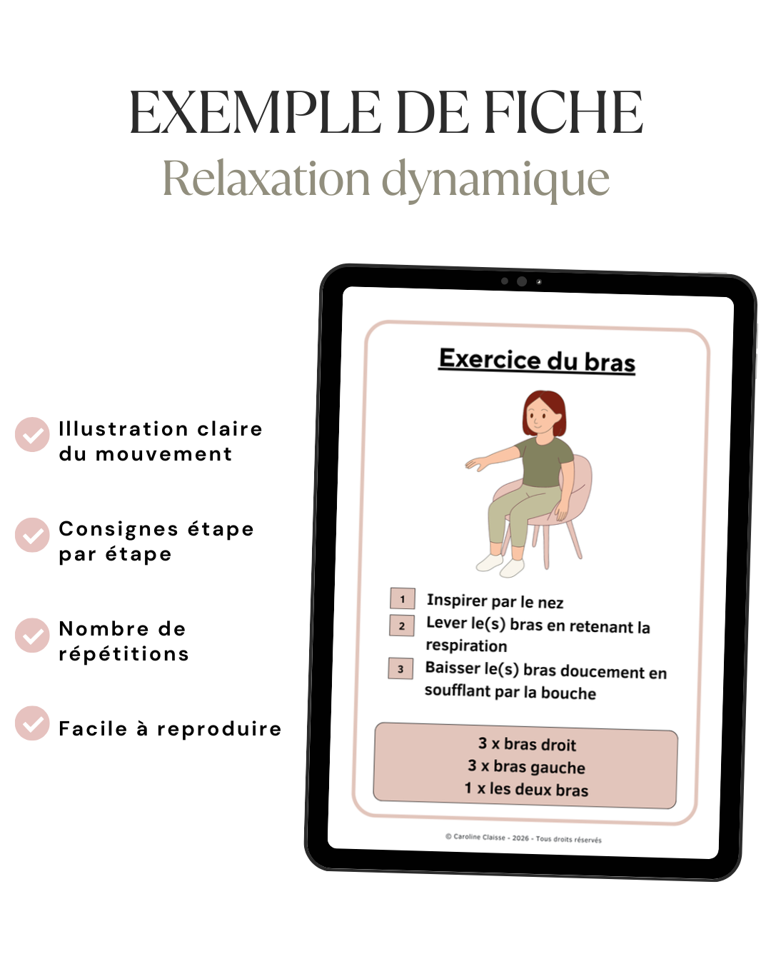 Exemple de fiche de relaxation dynamique avec illustrations, consignes étape par étape et nombre de répétitions pour accompagner la pratique en autonomie.