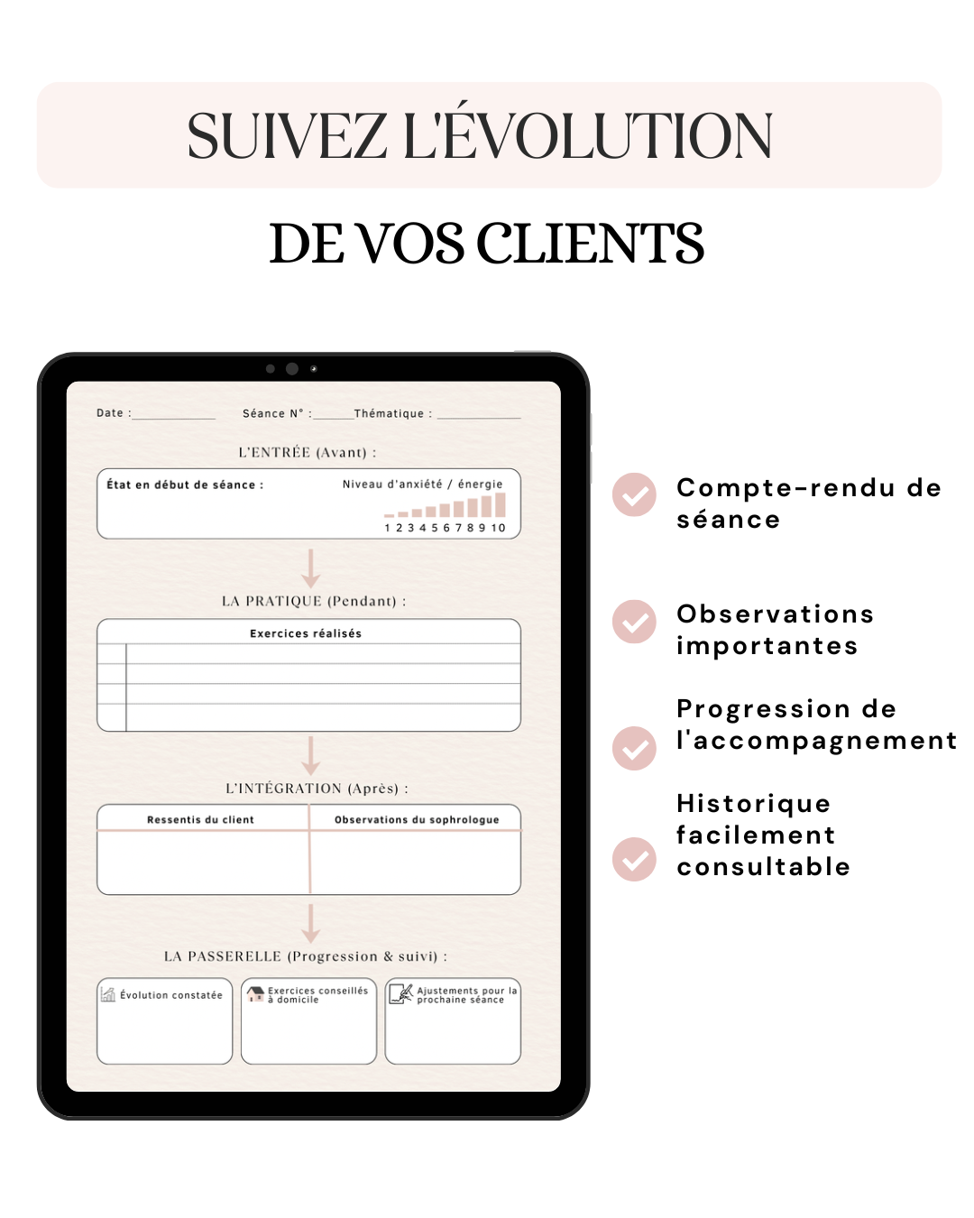 Fiche de suivi client conçue pour accompagner les sophrologues dans le suivi des séances et l'évolution de chaque accompagnement.