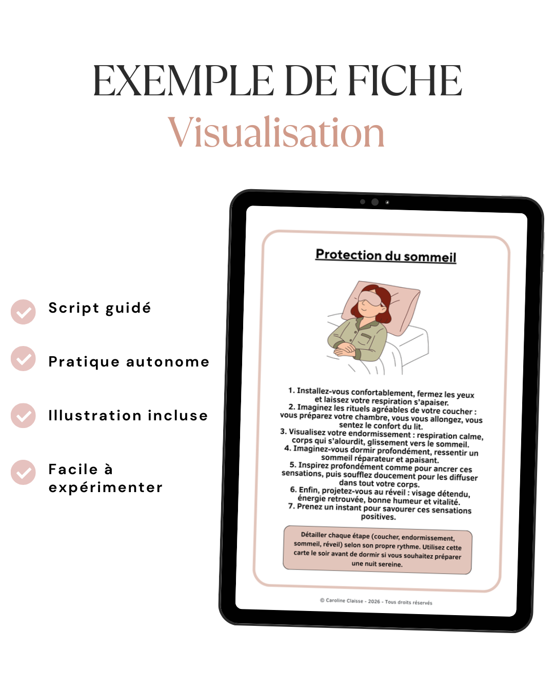 Exemple de fiche de visualisation guidée avec script, illustration et consignes pour permettre aux clients de pratiquer entre les séances.