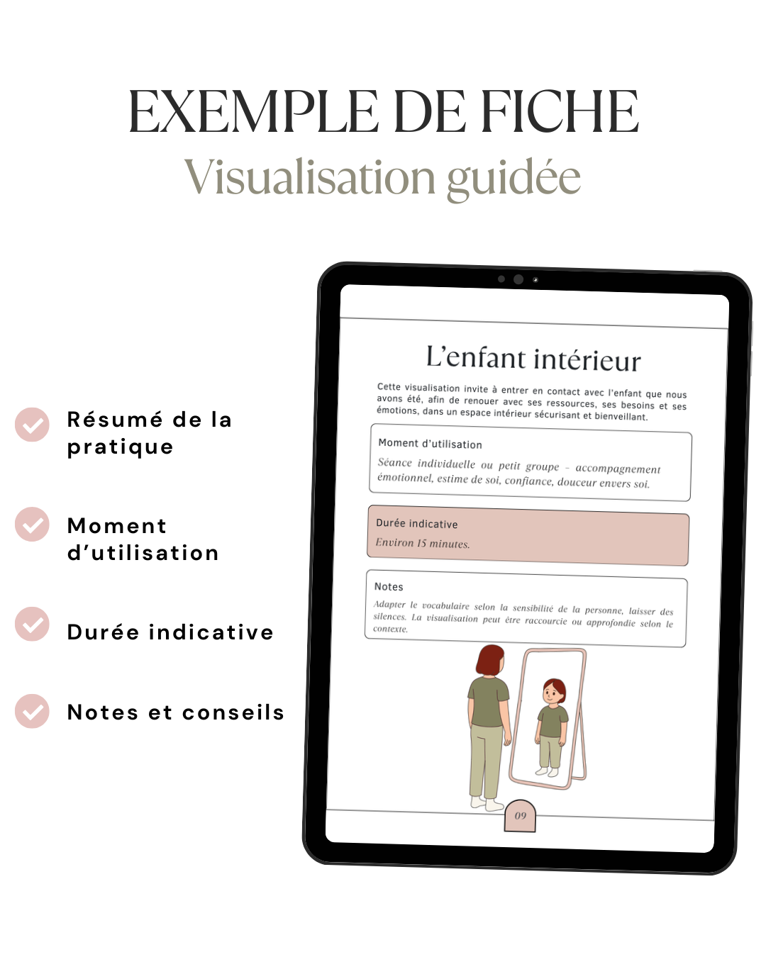 Exemple de fiche de visualisation guidée avec résumé de la pratique, moment d'utilisation, durée, notes et conseils pour accompagner les séances de sophrologie.