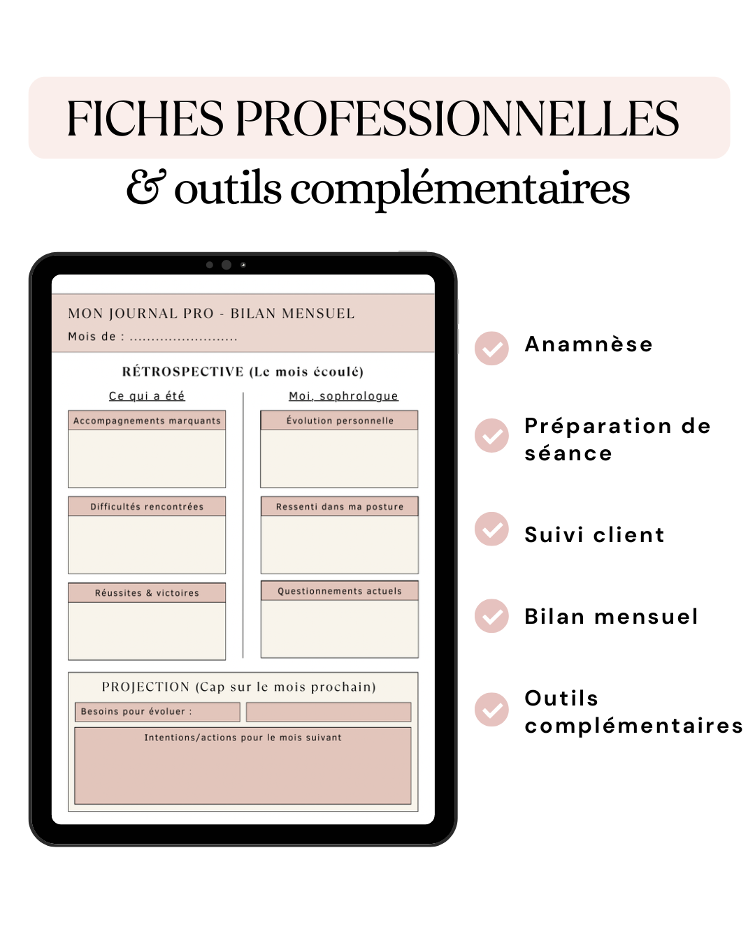 Ensemble de fiches professionnelles et d'outils complémentaires pour organiser les accompagnements, le suivi des clients et la pratique de la sophrologie.