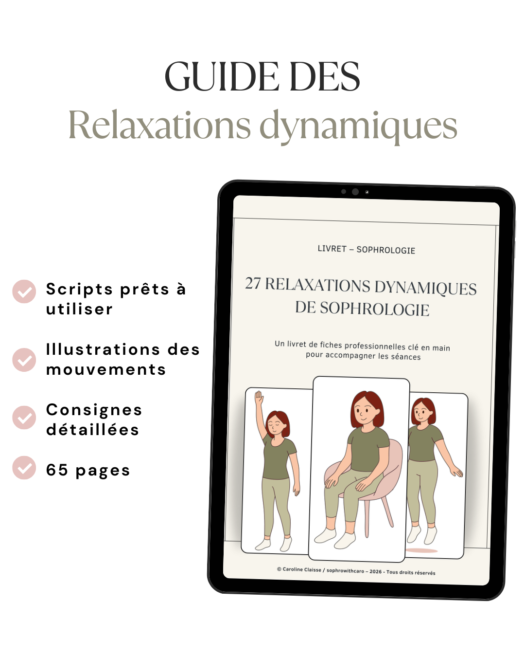 Guide numérique de relaxations dynamiques destiné aux sophrologues, avec scripts d'animation, fiches illustrées et supports personnalisables.