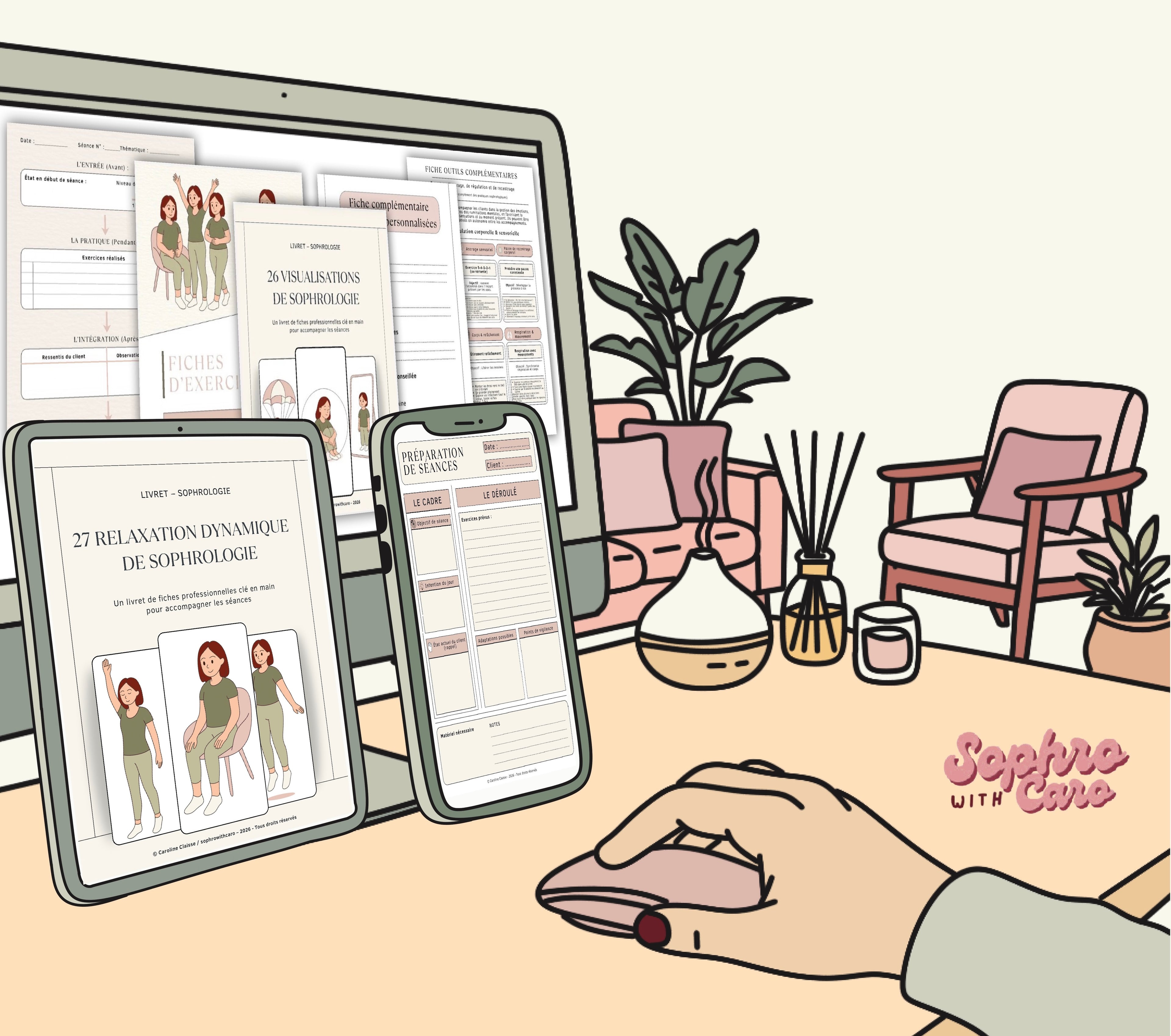 Illustration représentant les guides de sophrologie consultables sur ordinateur, tablette et téléphone grâce au format PDF numérique.