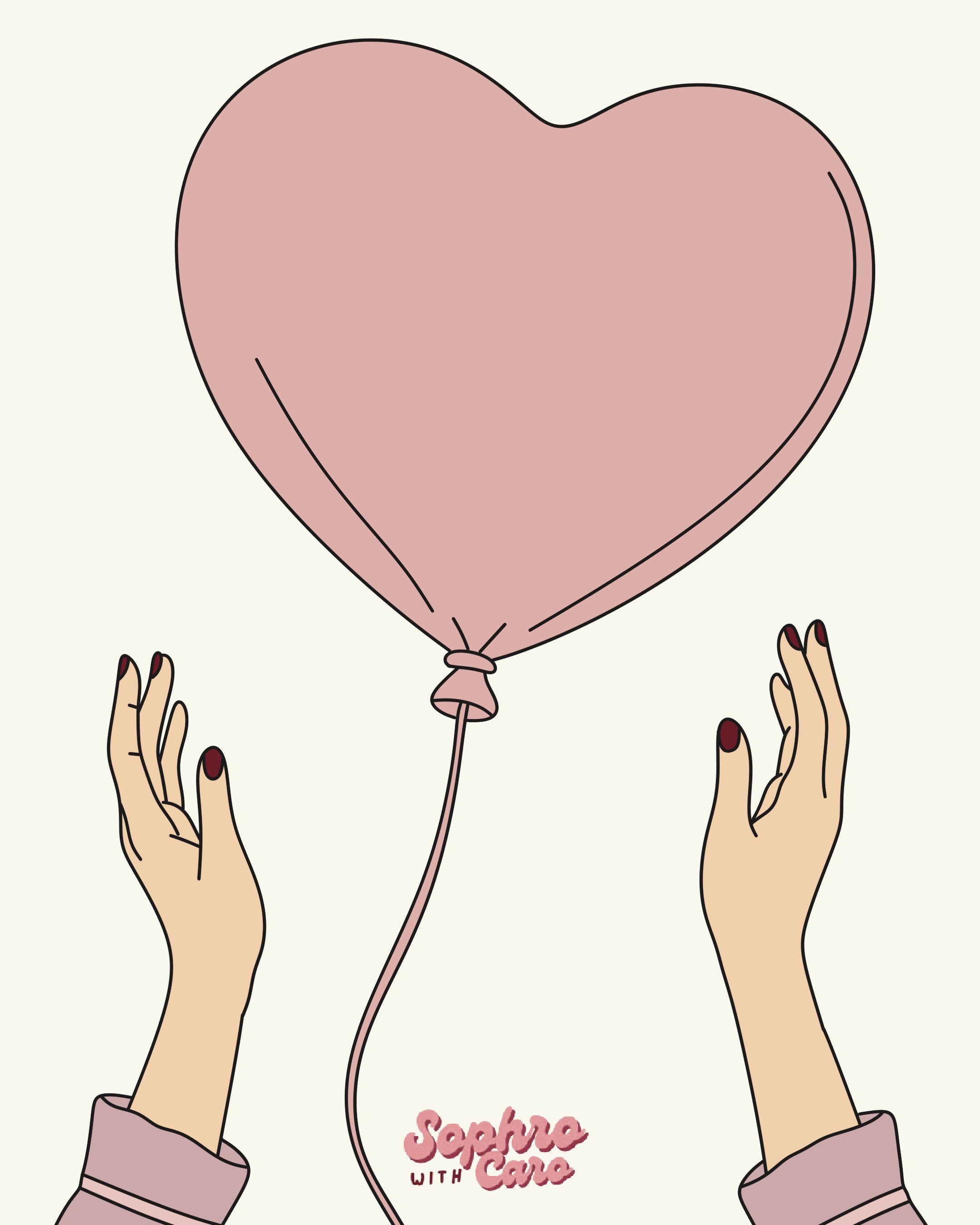 Illustration originale représentant deux mains tenant un ballon en forme de cœur, symbole de l'amour de soi, de la bienveillance et de l'équilibre intérieur.
