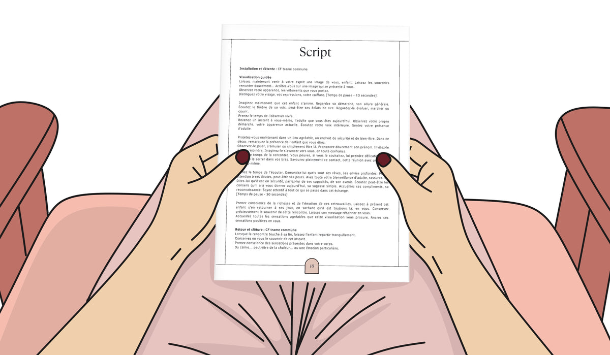 Illustration représentant une personne lisant un script de visualisation guidée dans un cadre apaisant.