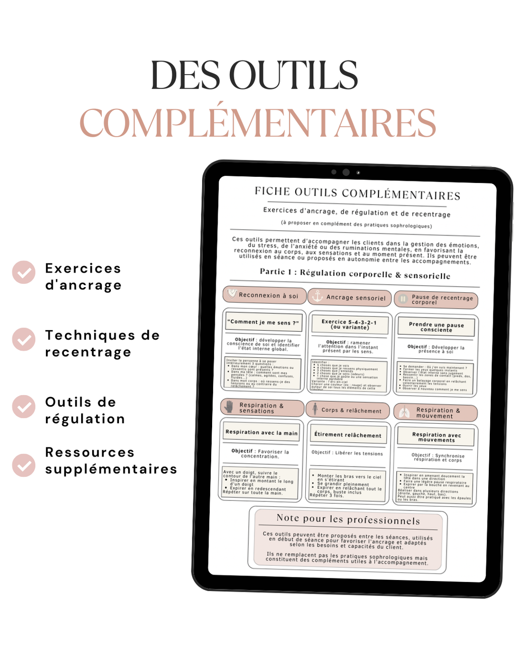 Supports complémentaires comprenant des exercices d'ancrage, des outils de régulation émotionnelle et d'autres ressources pratiques pour les sophrologues.