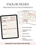 Pack de fiches professionnelles pour sophrologues comprenant des supports d'anamnèse, de suivi client, de préparation des séances et d'organisation de la pratique.
