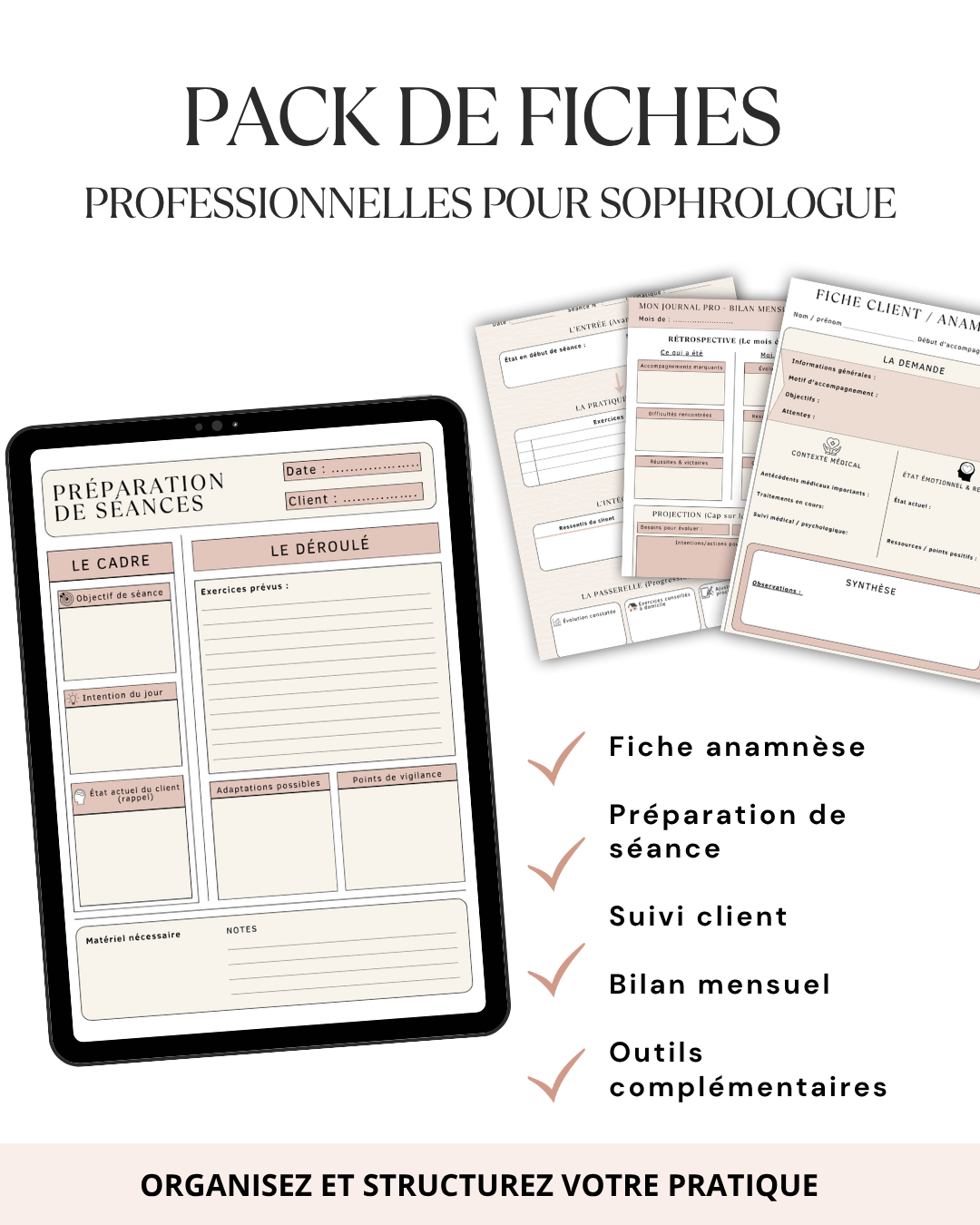 Pack de fiches professionnelles pour sophrologues comprenant des supports d'anamnèse, de suivi client, de préparation des séances et d'organisation de la pratique.