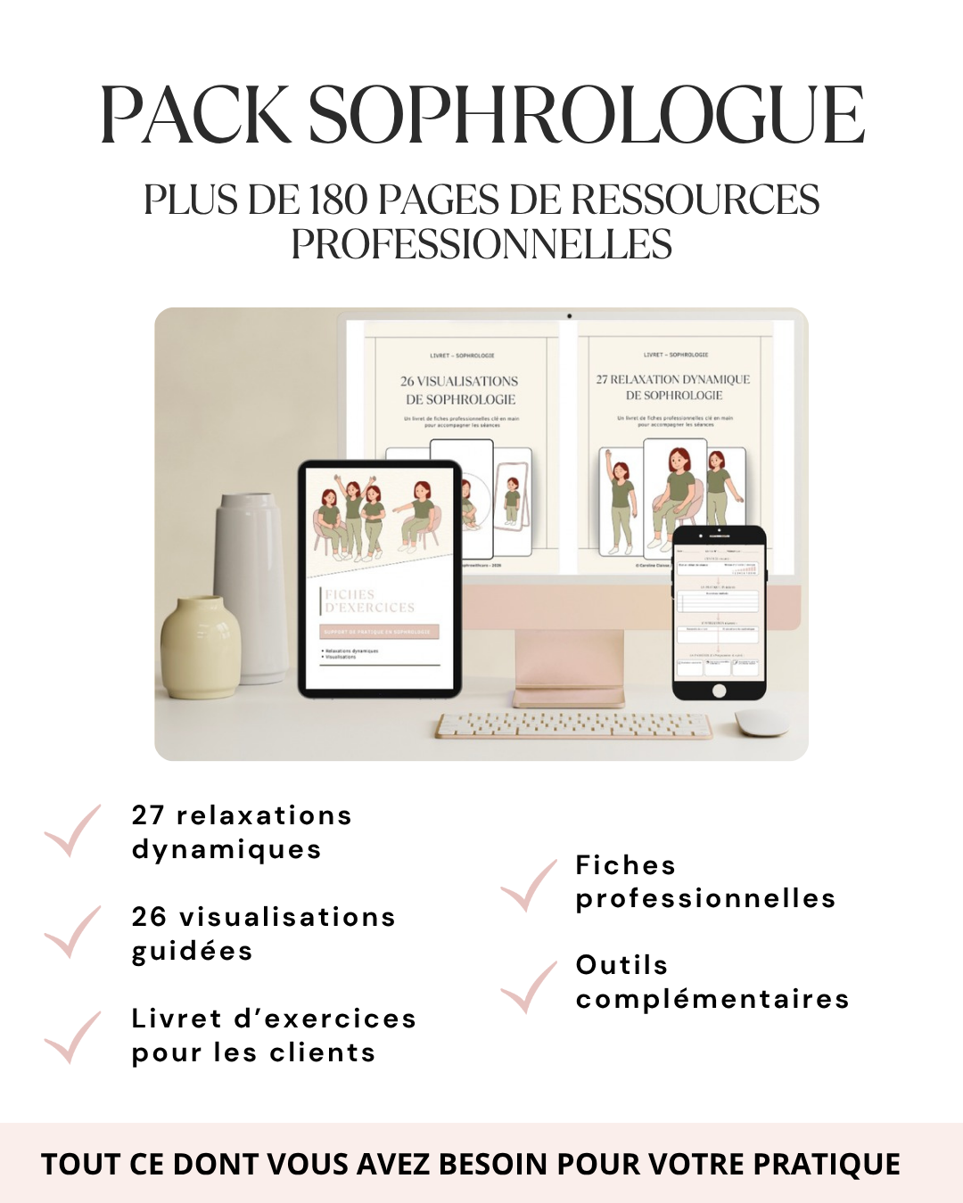 Pack sophrologue comprenant plus de 180 pages de ressources professionnelles, guides, fiches et supports pour accompagner la pratique de la sophrologie.