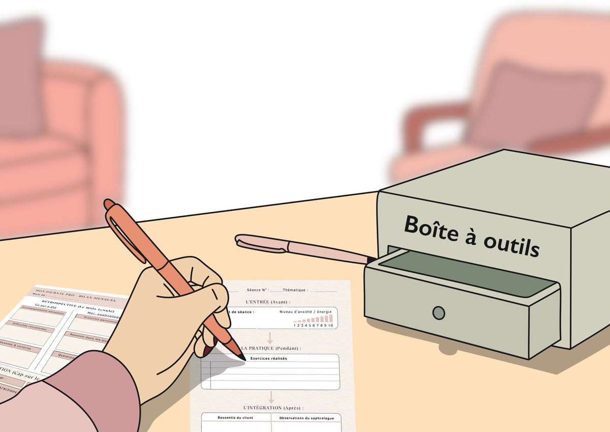 Illustration représentant des fiches professionnelles et une boîte à outils symbolisant les ressources destinées aux sophrologues.