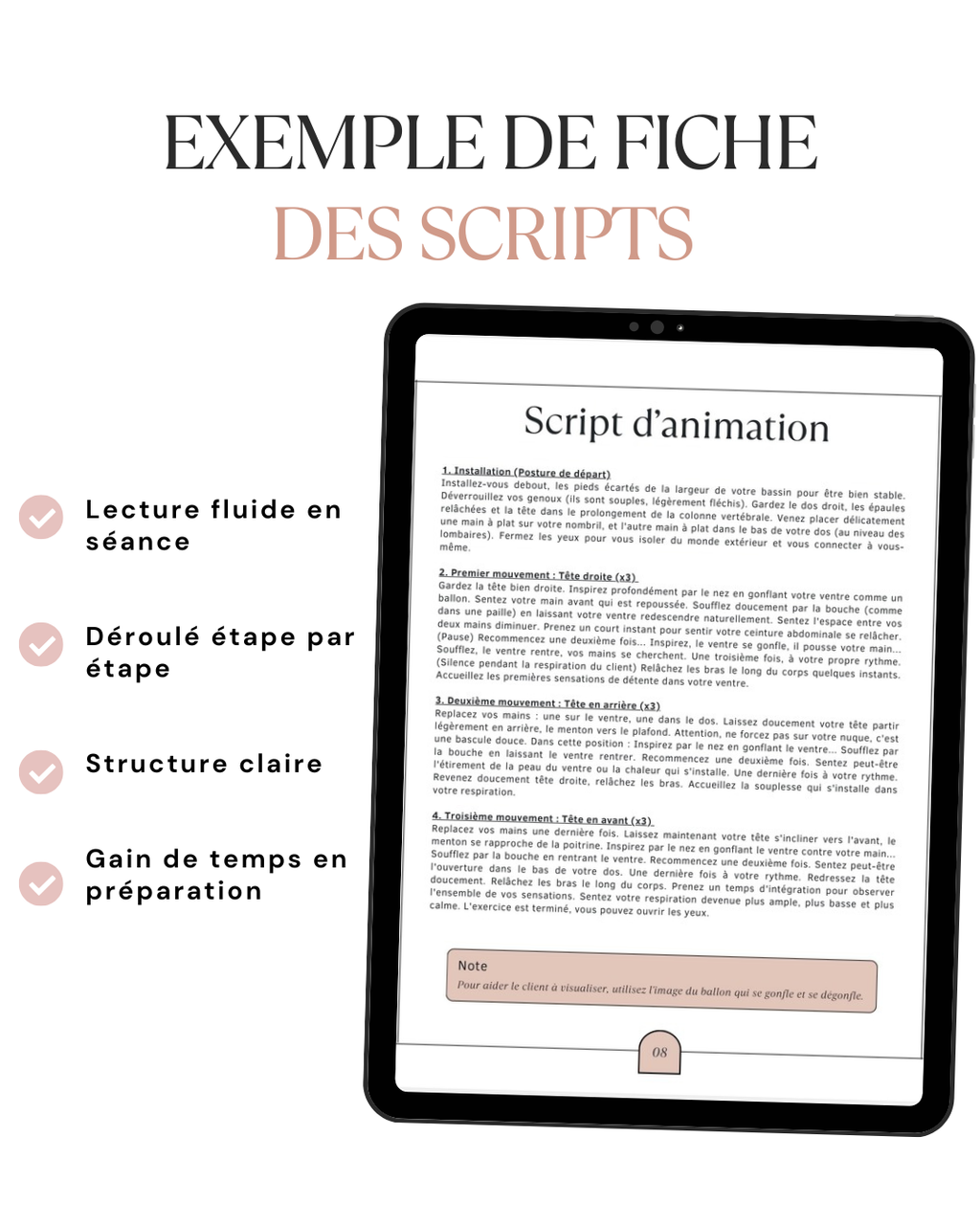 Exemple de script de relaxation dynamique accompagné d'une fiche illustrée pour guider les exercices de sophrologie en séance.