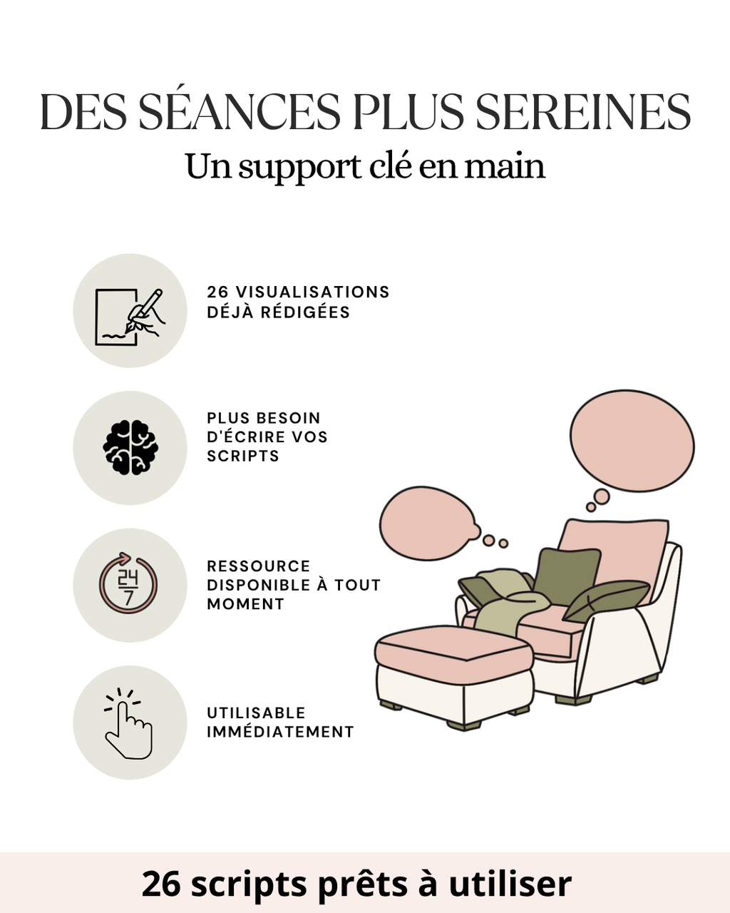 Guide de visualisations guidées conçu pour accompagner les sophrologues avec des scripts rédigés, des ressources disponibles à tout moment et un gain de temps dans la préparation des séances.