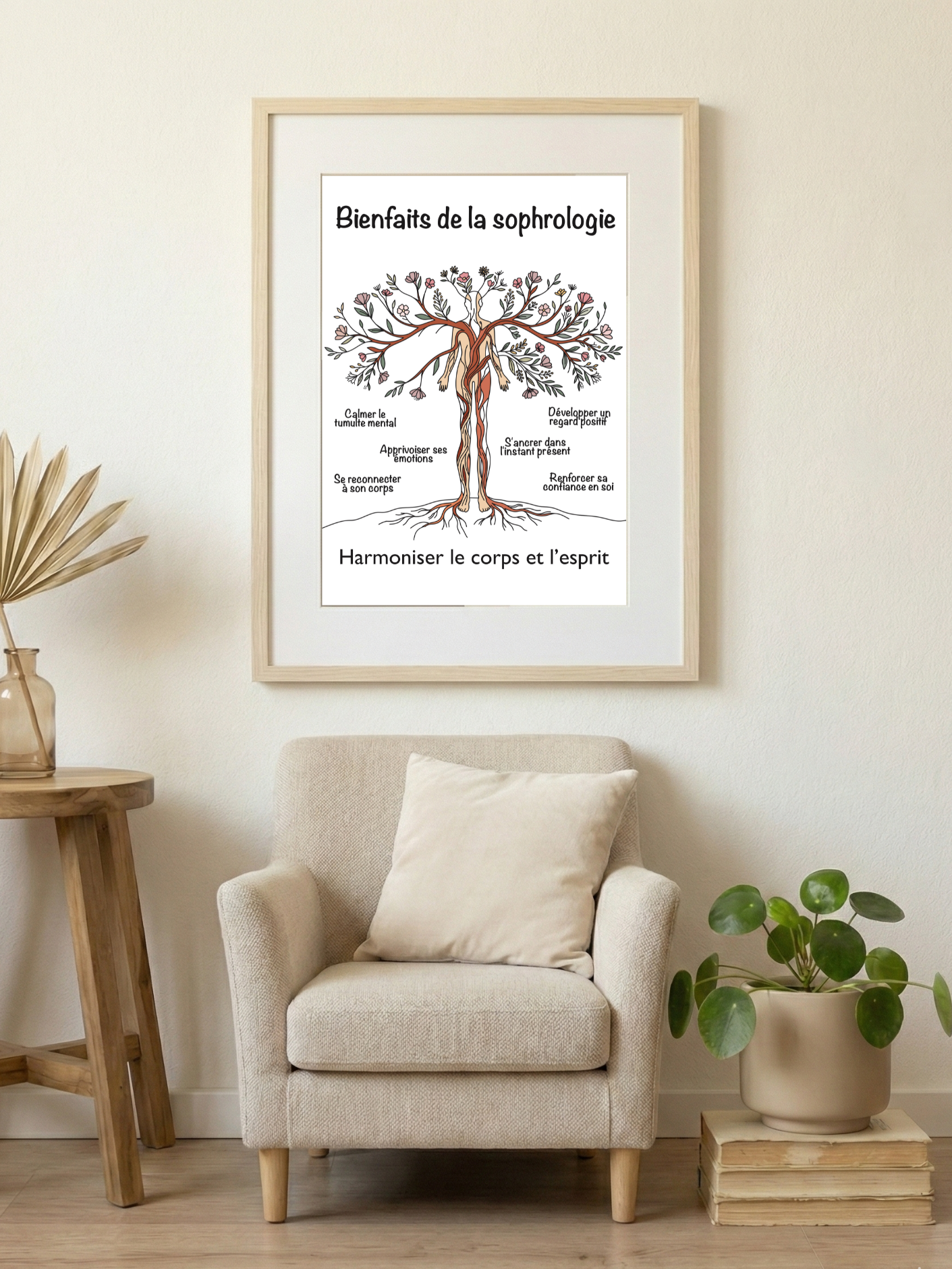 Affiche illustrée présentant les principaux bienfaits de la sophrologie pour harmoniser le corps et l'esprit.