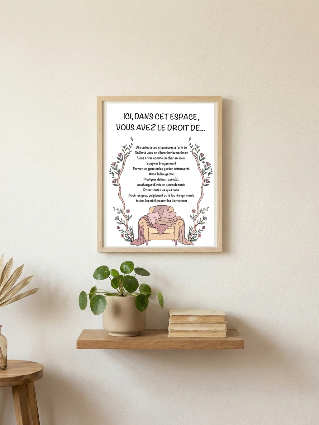 Affiche décorative pour cabinet de sophrologie invitant les clients à se sentir libres d'être eux-mêmes durant la séance.