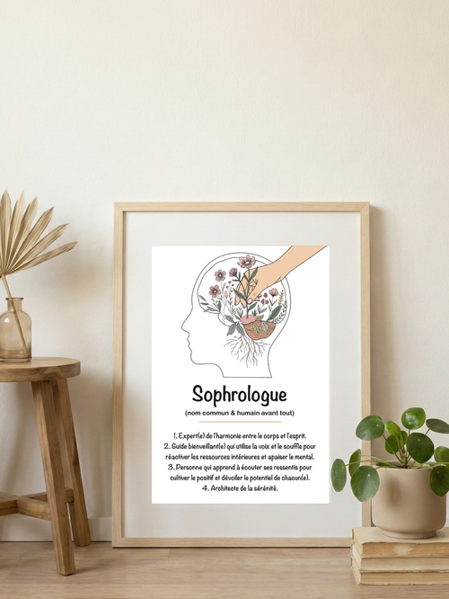 Affiche illustrée présentant la définition de la sophrologie à afficher dans un cabinet ou une salle de consultation.