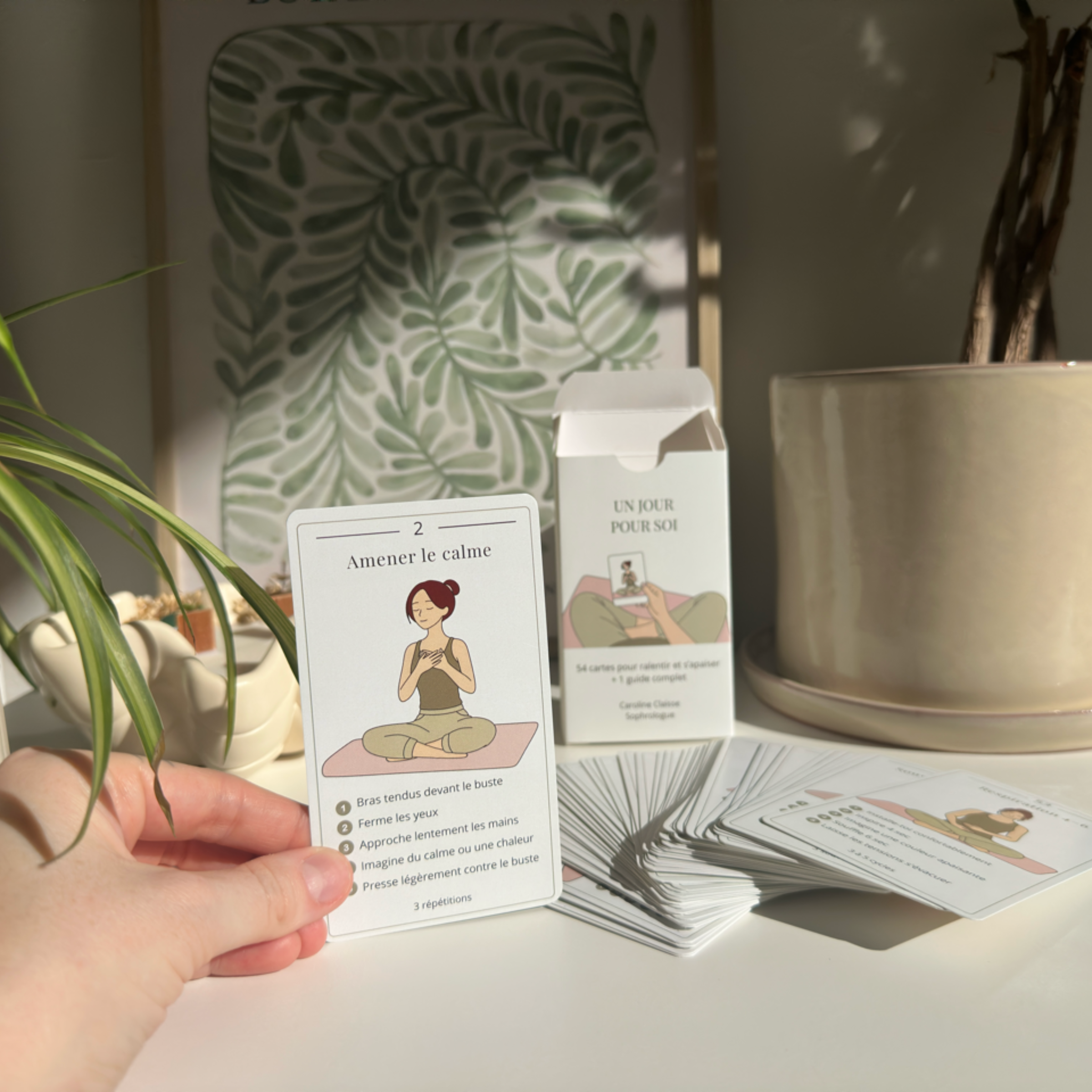 Exemple de cartes illustrées du jeu Un jour pour soi destinées à favoriser la détente et le bien-être.