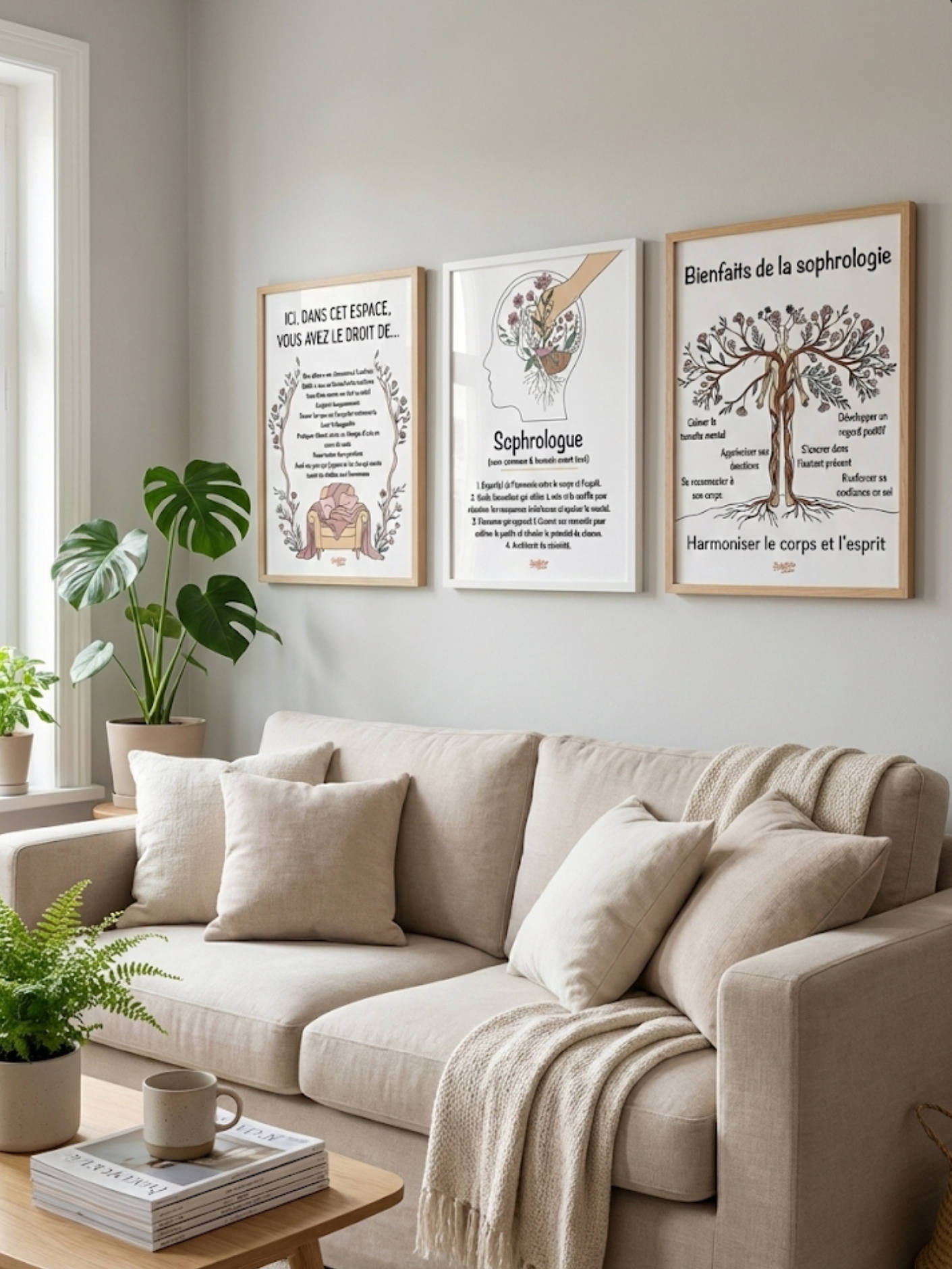 Pack de trois affiches de sophrologie présenté dans un cabinet avec les affiches encadrées au-dessus d'un canapé.