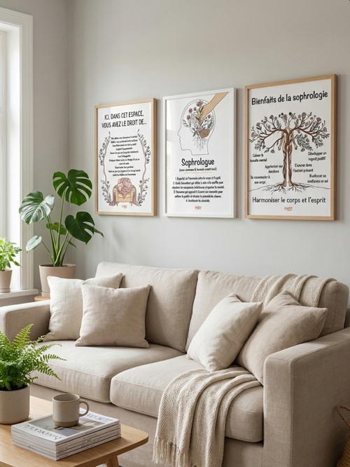 Pack de trois affiches de sophrologie présenté dans un cabinet avec les affiches encadrées au-dessus d'un canapé.